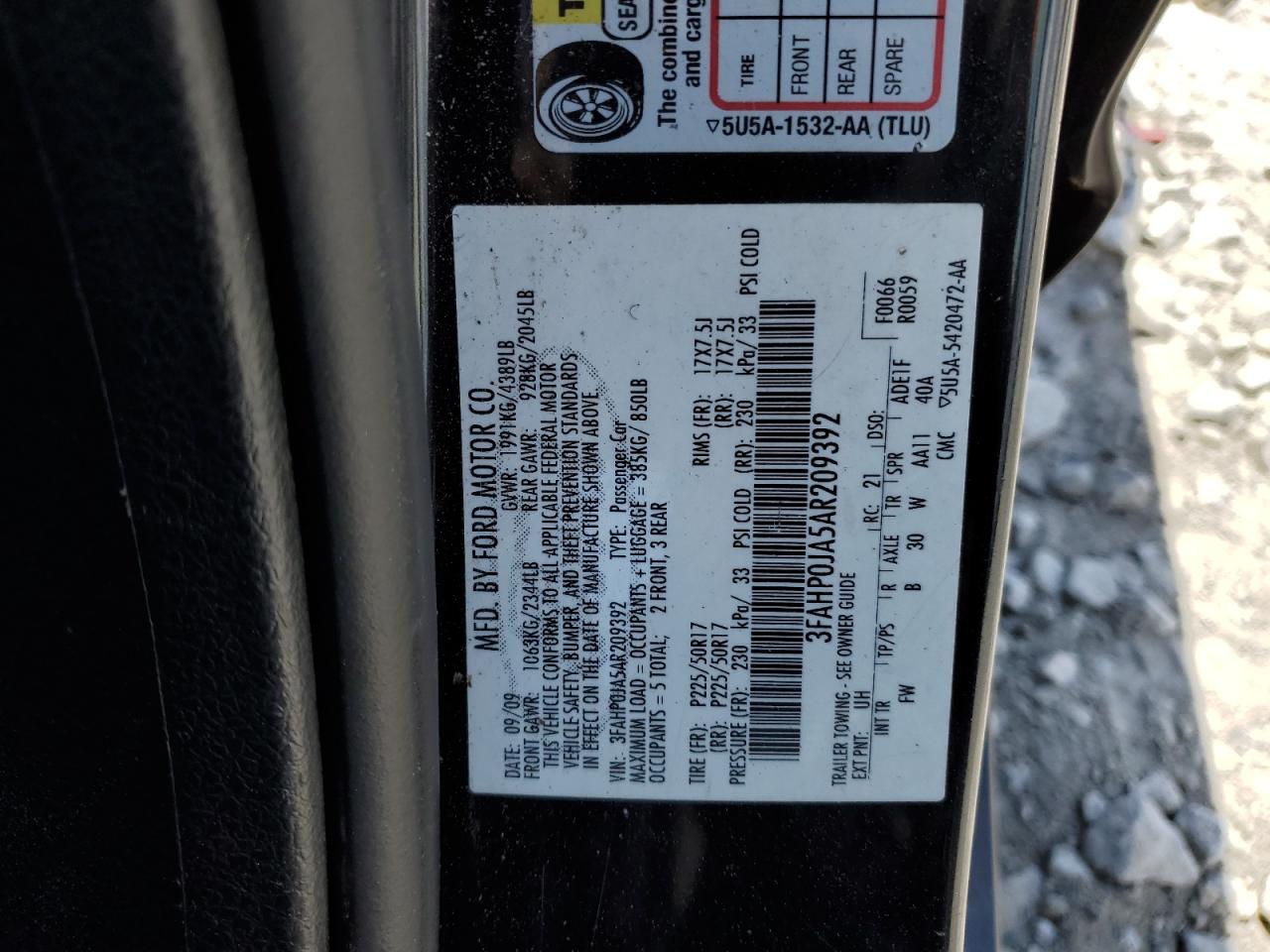 2010 Ford Fusion Sel VIN: 3FAHP0JA5AR209392 Lot: 64271144