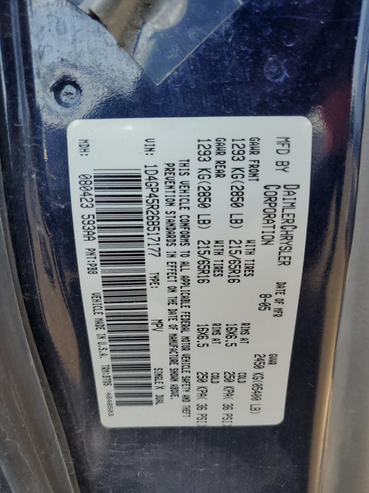 2006 Dodge Caravan Sxt VIN: 1D4GP45R26B517177 Lot: 61924244