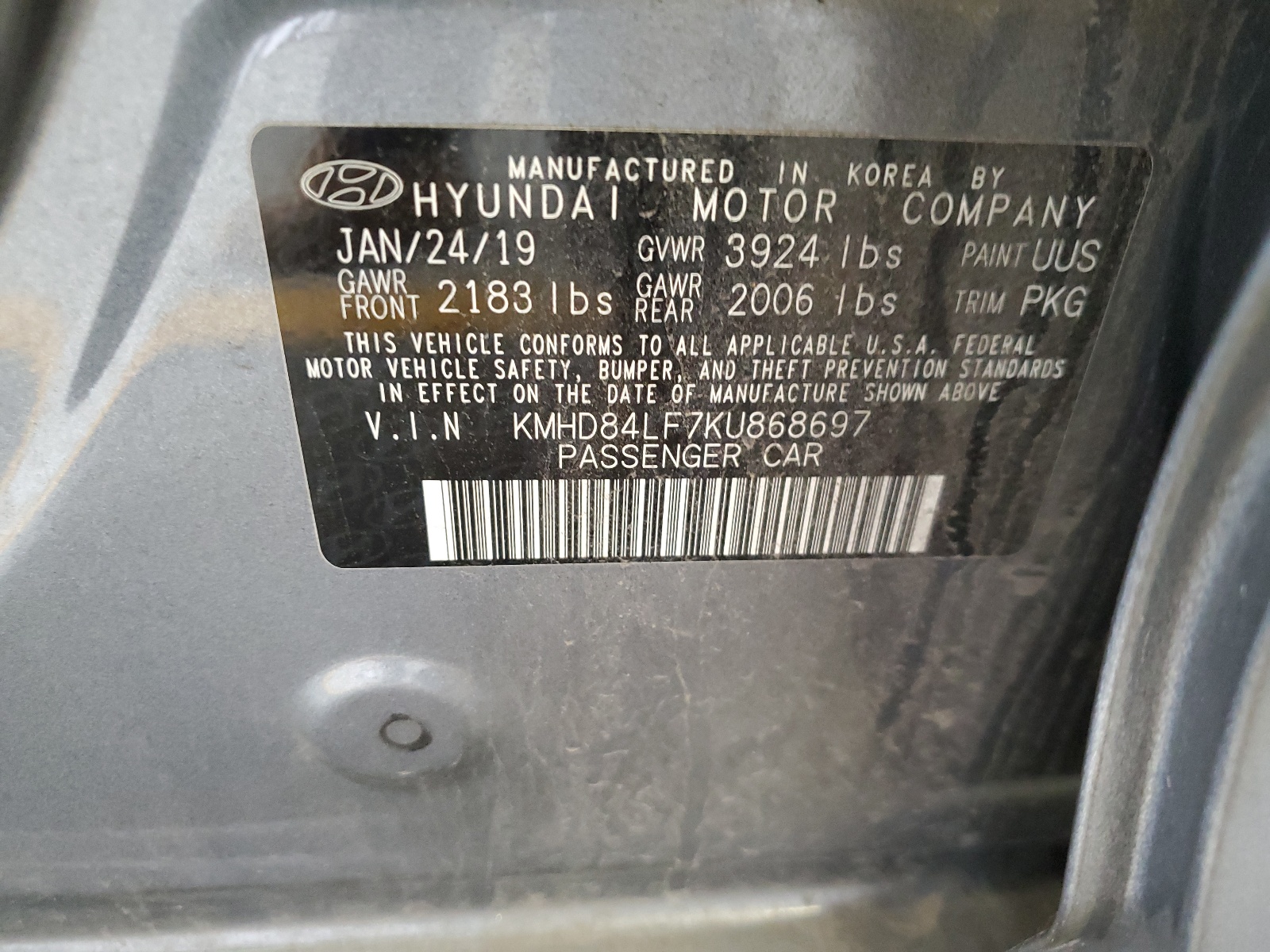 KMHD84LF7KU868697 2019 Hyundai Elantra Sel