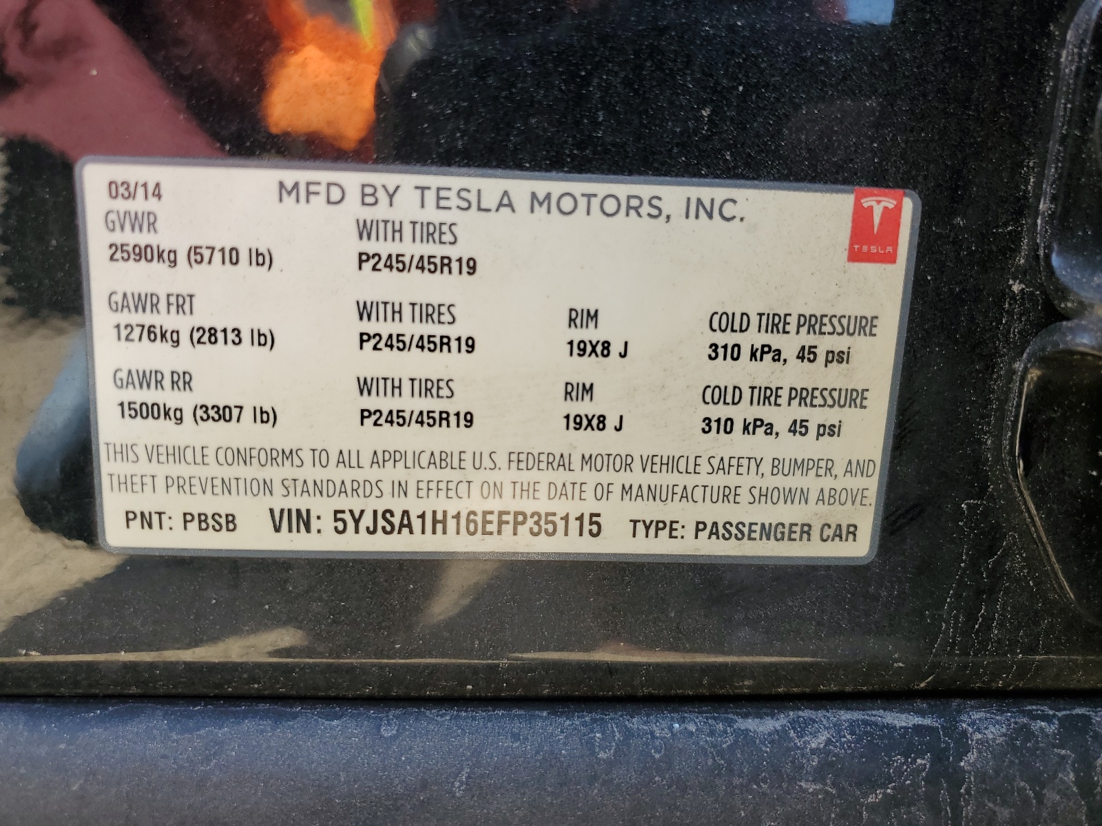 2014 Tesla Model S vin: 5YJSA1H16EFP35115