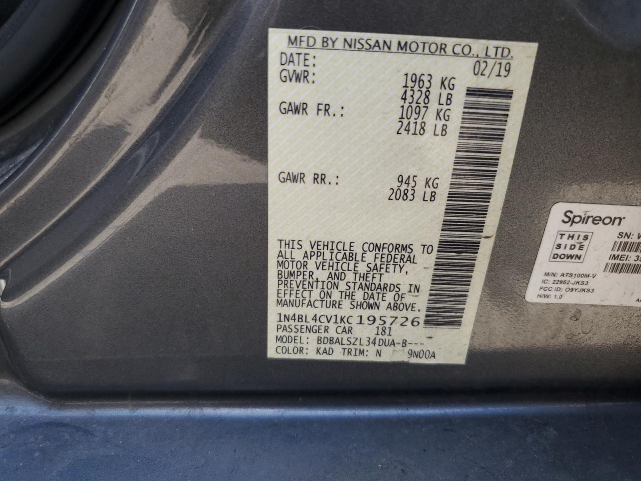 1N4BL4CV1KC195726 2019 Nissan Altima Sr