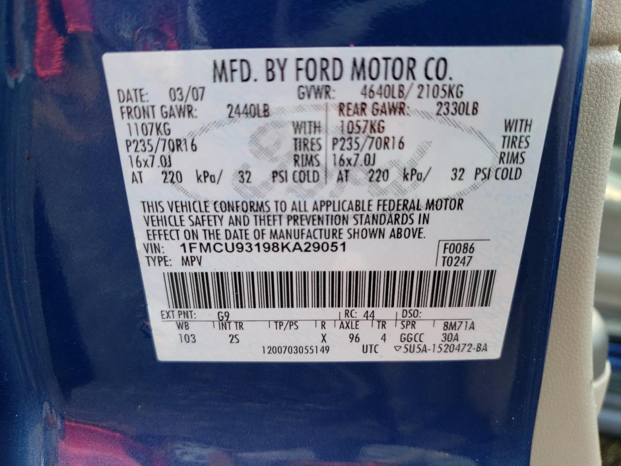 2008 Ford Escape Xlt VIN: 1FMCU93198KA29051 Lot: 64596304