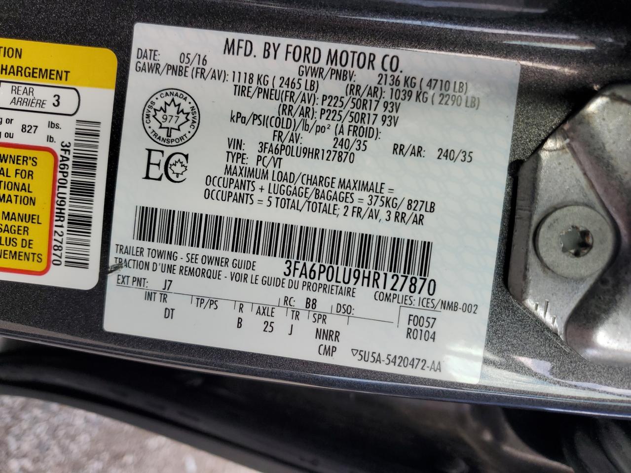 2017 Ford Fusion Se Hybrid VIN: 3FA6P0LU9HR127870 Lot: 62937864