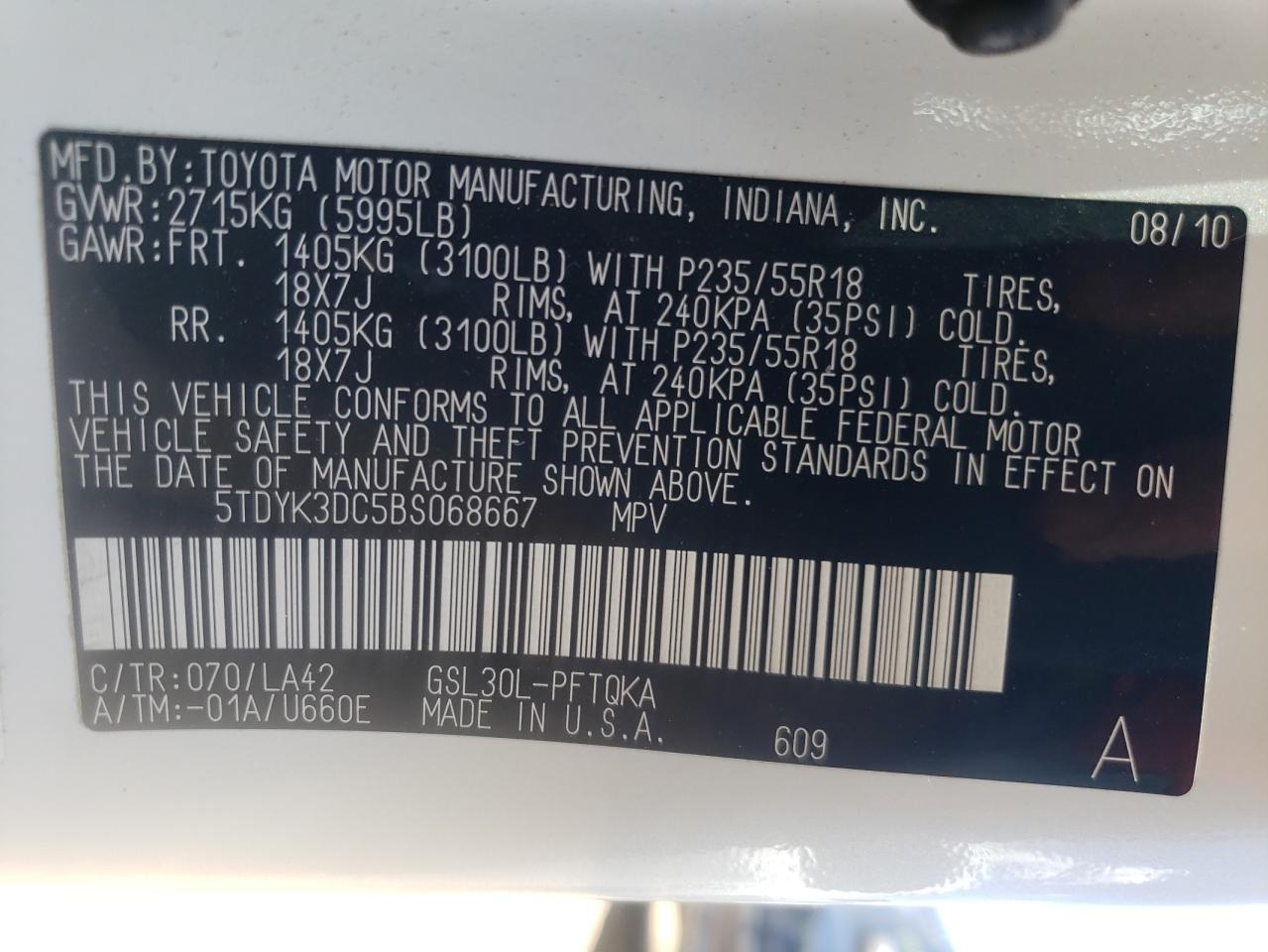 5TDYK3DC5BS068667 2011 Toyota Sienna Xle