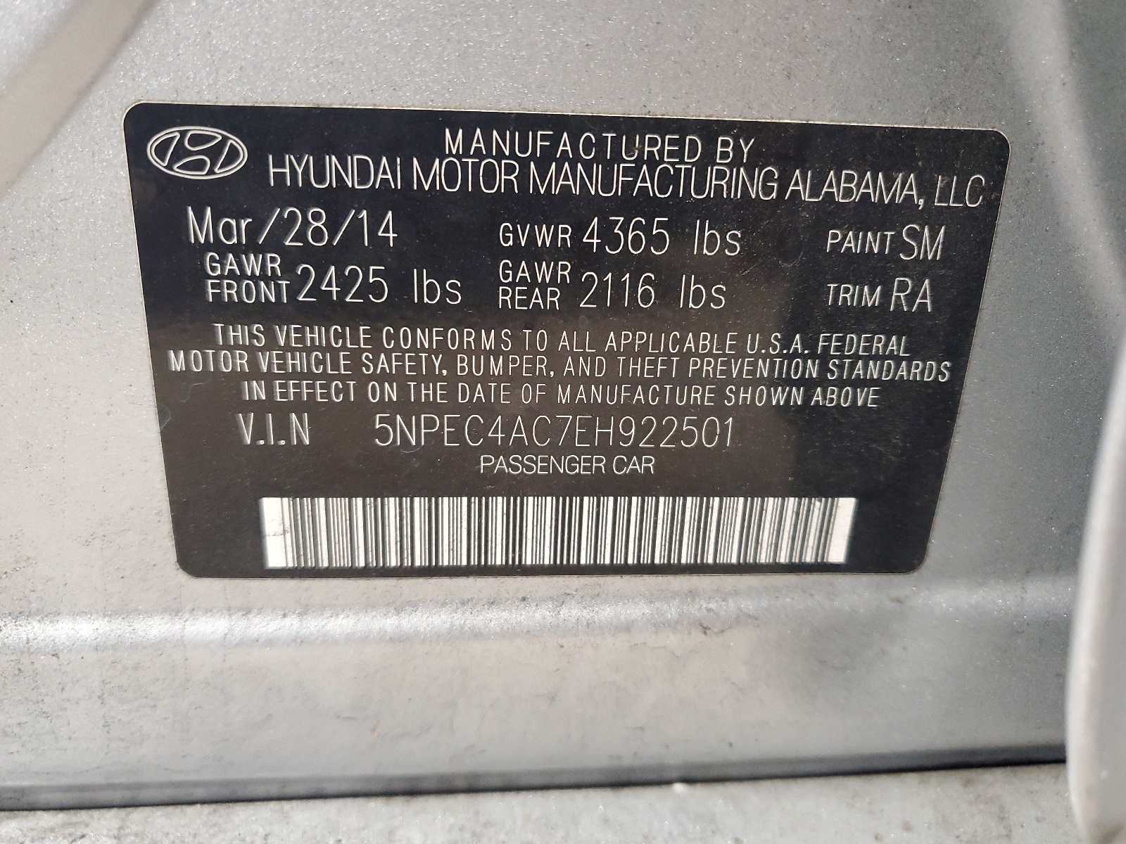 2014 Hyundai Sonata Se vin: 5NPEC4AC7EH922501