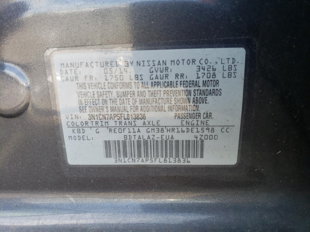 2015 Nissan Versa S VIN: 3N1CN7AP5FL813836 Lot: 62300944