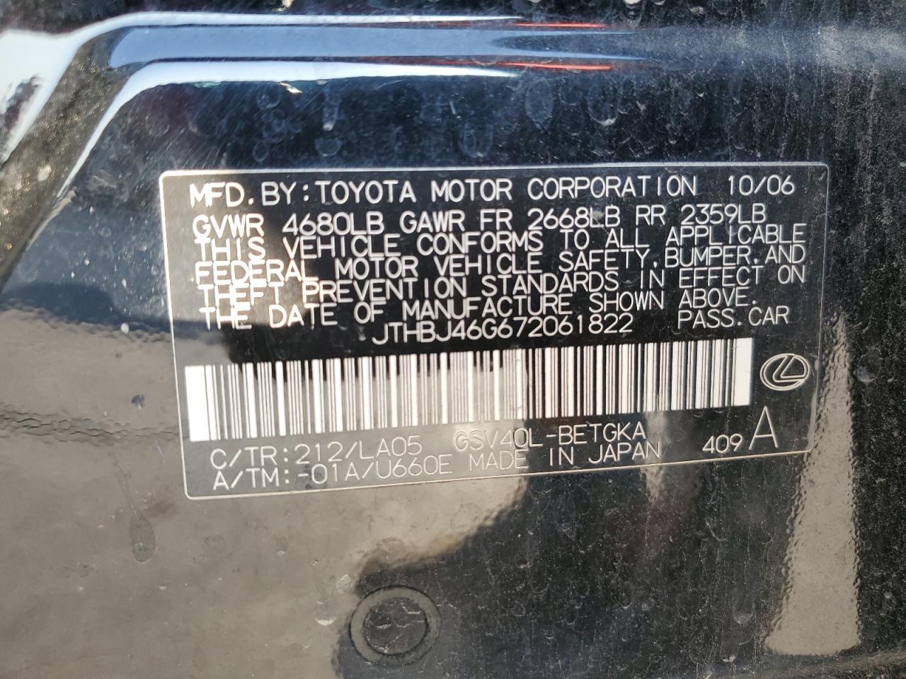 2007 Lexus Es 350 VIN: JTHBJ46G672061822 Lot: 61570404