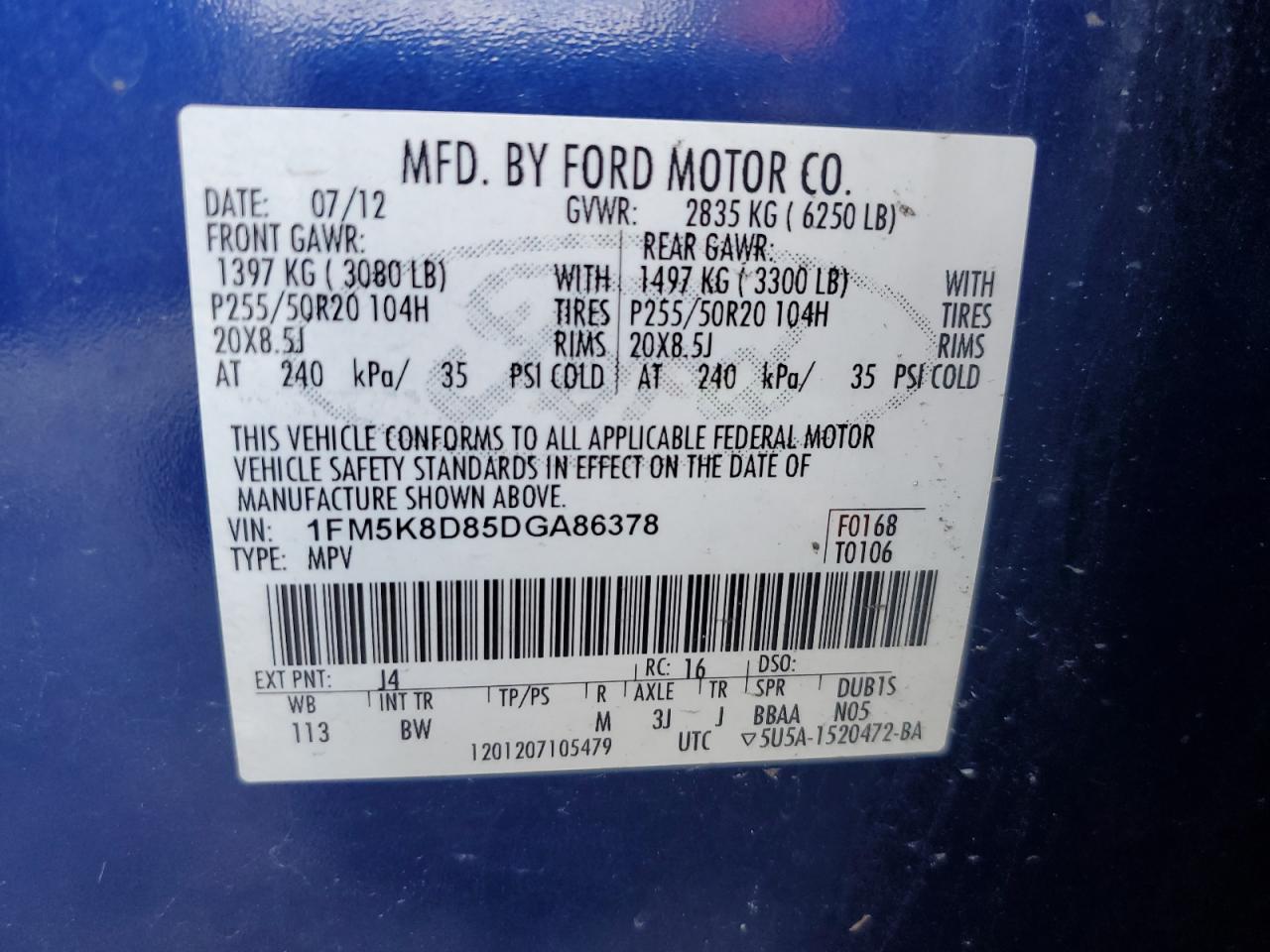 2013 Ford Explorer Xlt VIN: 1FM5K8D85DGA86378 Lot: 64632124