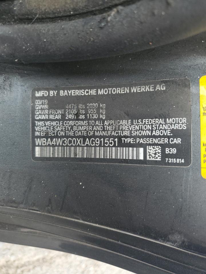 2020 BMW 430I VIN: WBA4W3C0XLAG91551 Lot: 63389694