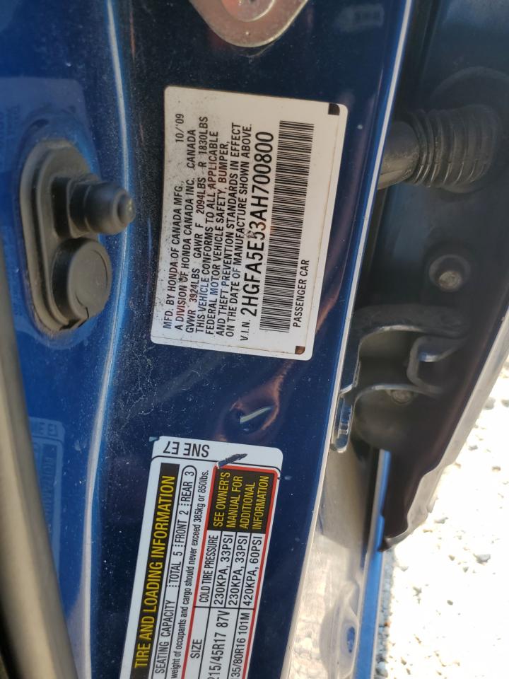 2010 Honda Civic Si VIN: 2HGFA5E53AH700800 Lot: 62935204