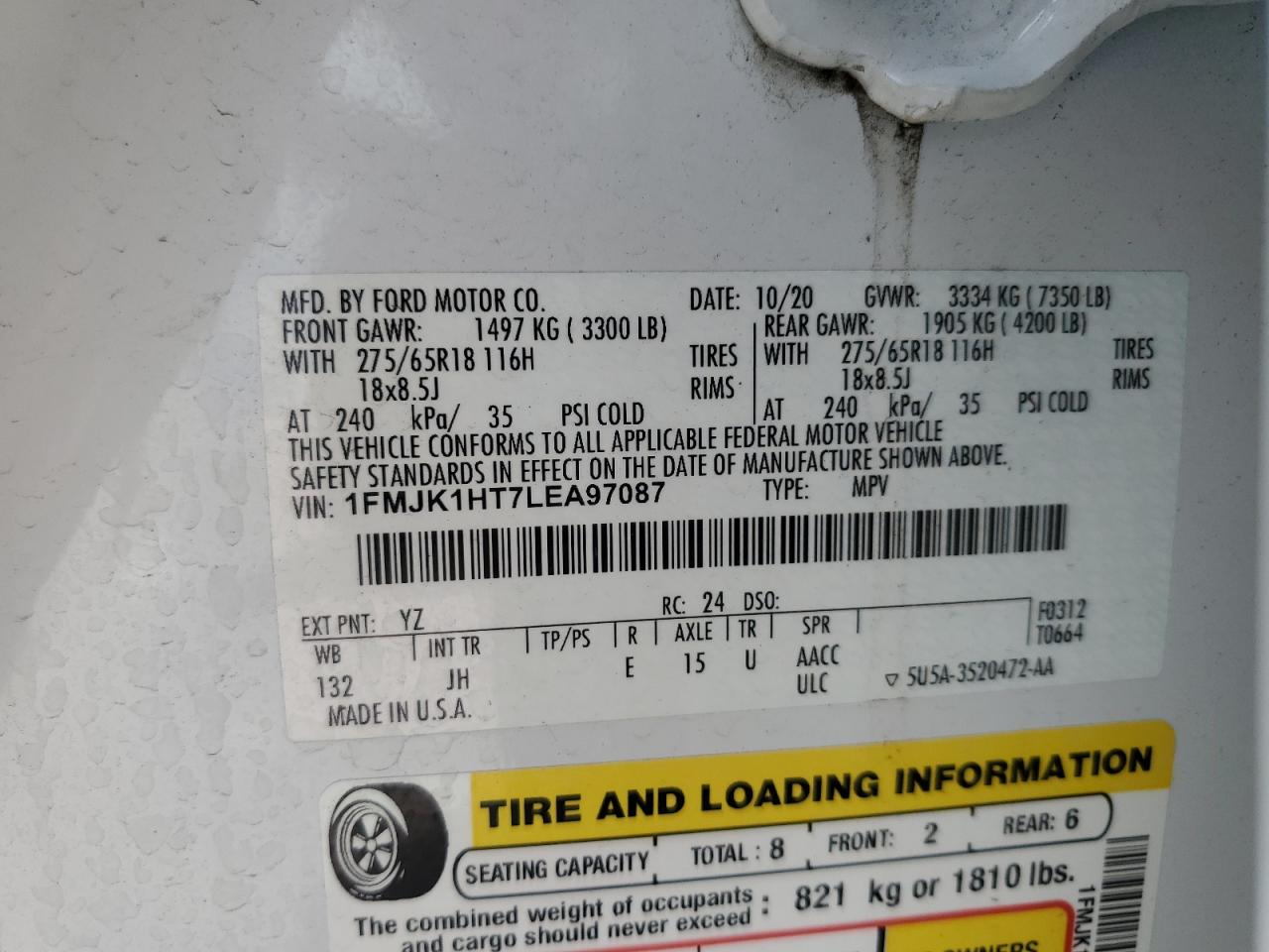 2020 Ford Expedition Max Xlt VIN: 1FMJK1HT7LEA97087 Lot: 64620444