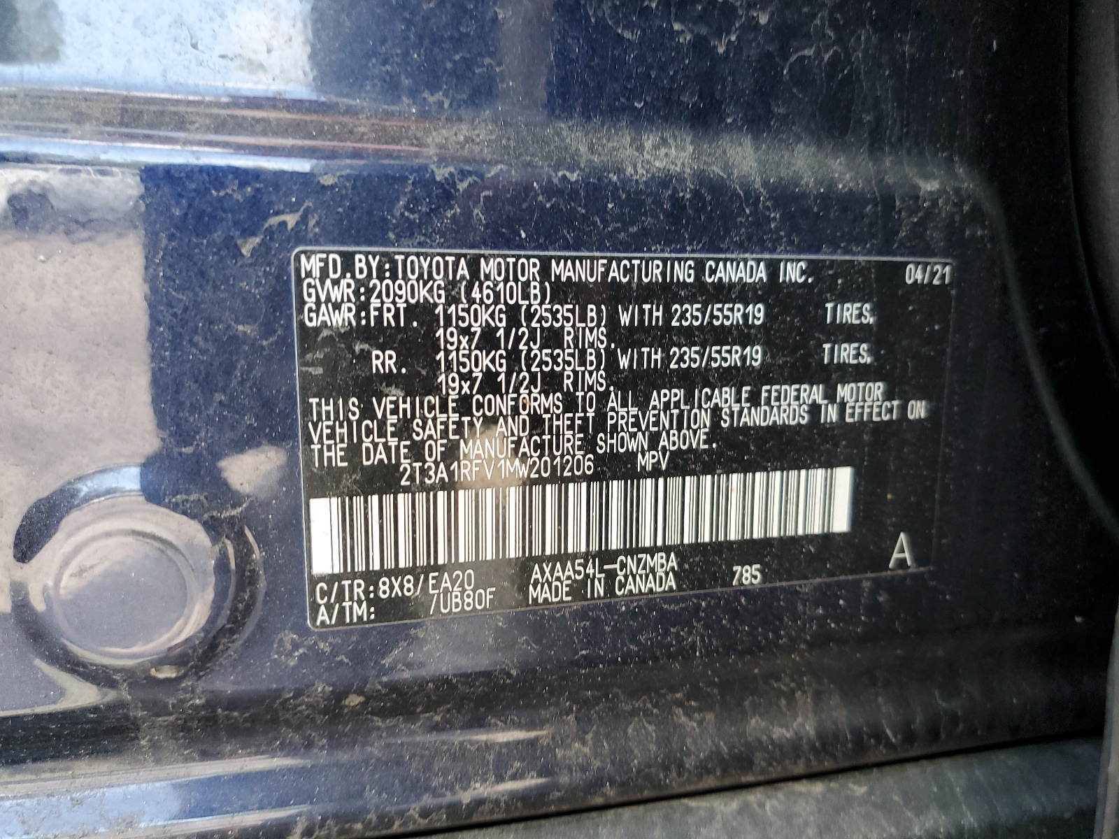 2T3A1RFV1MW201206 2021 Toyota Rav4 Xle Premium