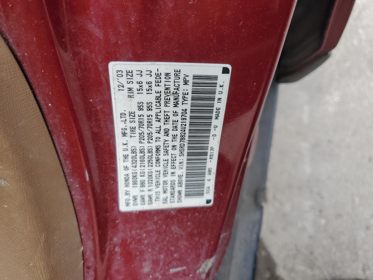 2004 Honda Cr-V Ex VIN: SHSRD78824U219704 Lot: 65394094