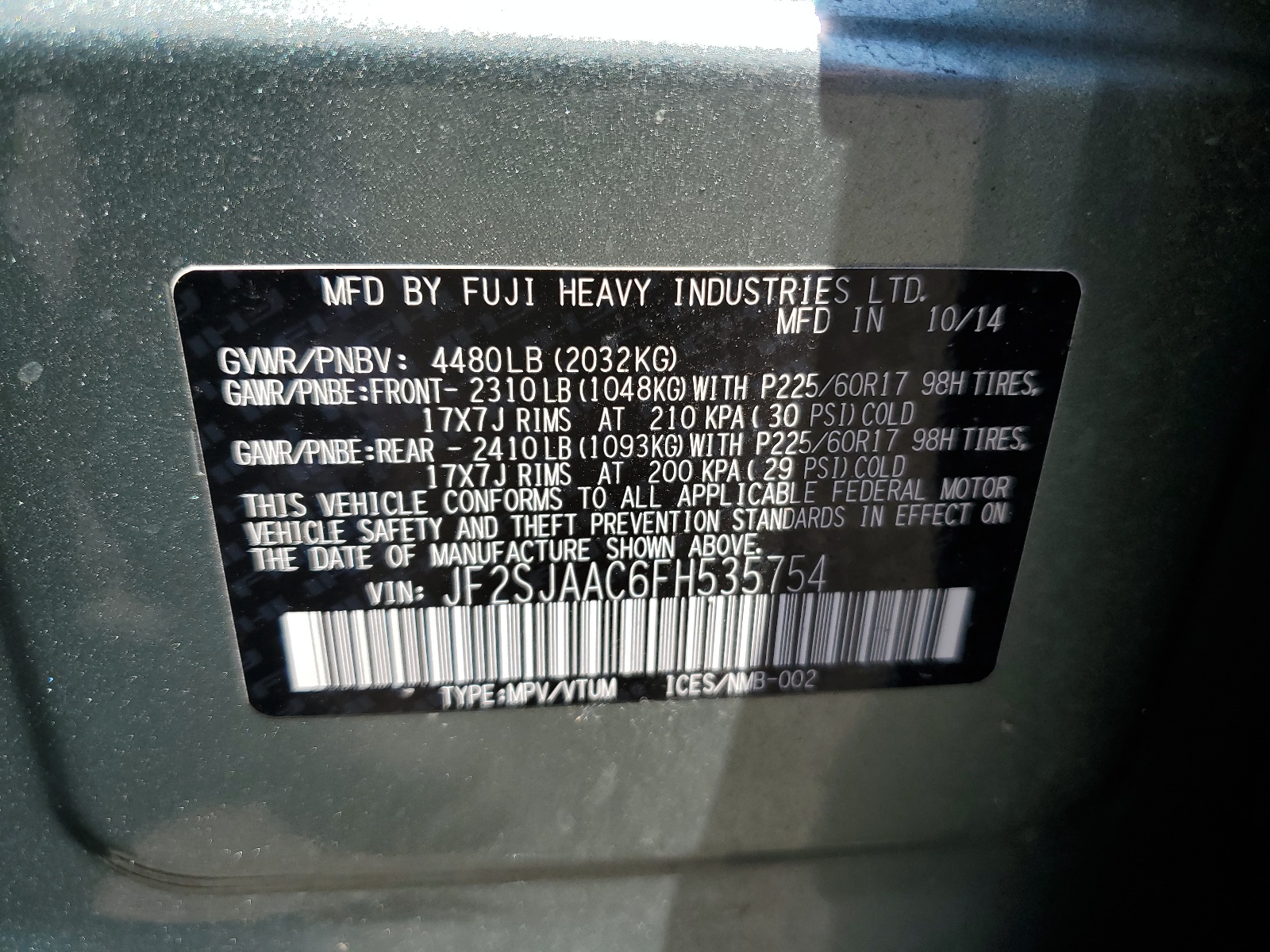 JF2SJAAC6FH535754 2015 Subaru Forester 2.5I