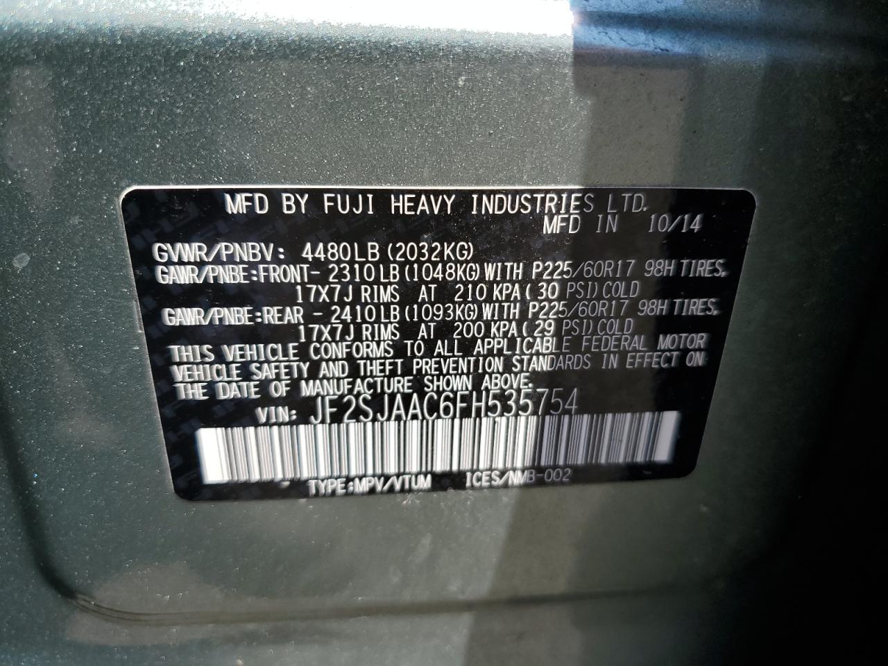 2015 Subaru Forester 2.5I VIN: JF2SJAAC6FH535754 Lot: 63606684