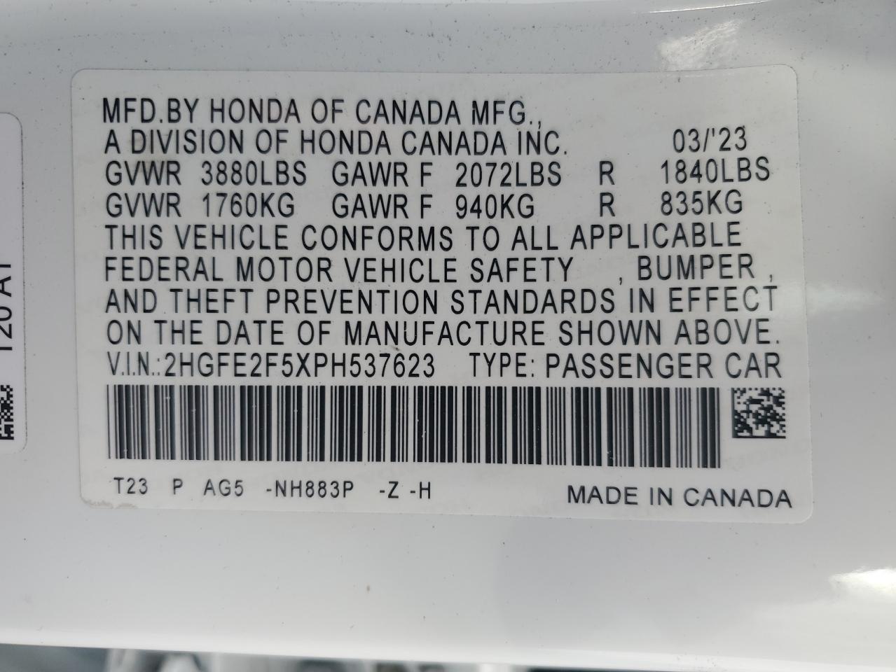 2HGFE2F5XPH537623 2023 HONDA CIVIC - Image 15