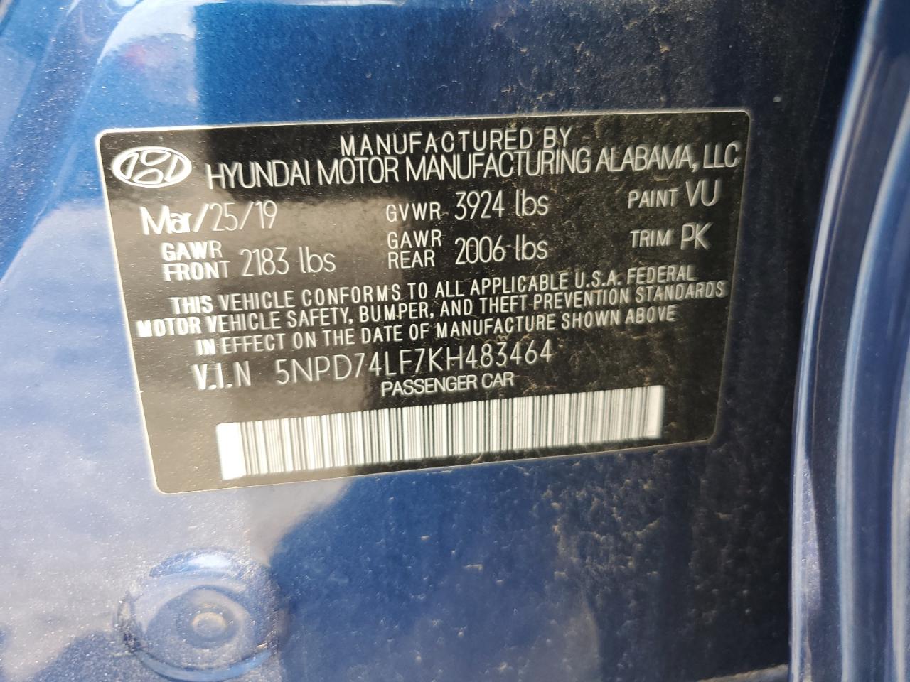 5NPD74LF7KH483464 2019 Hyundai Elantra Se