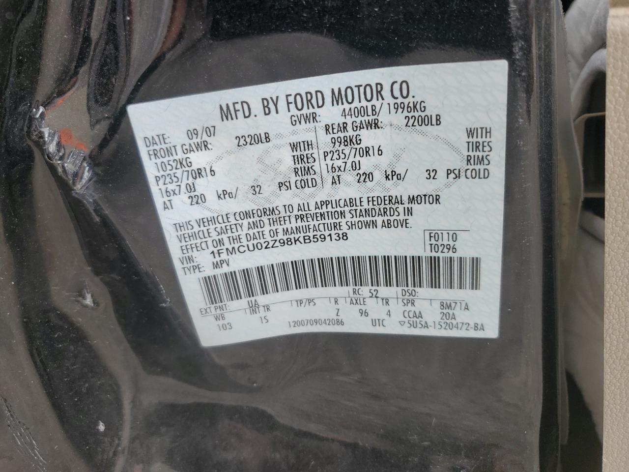 2008 Ford Escape Xls VIN: 1FMCU02Z98KB59138 Lot: 62514344