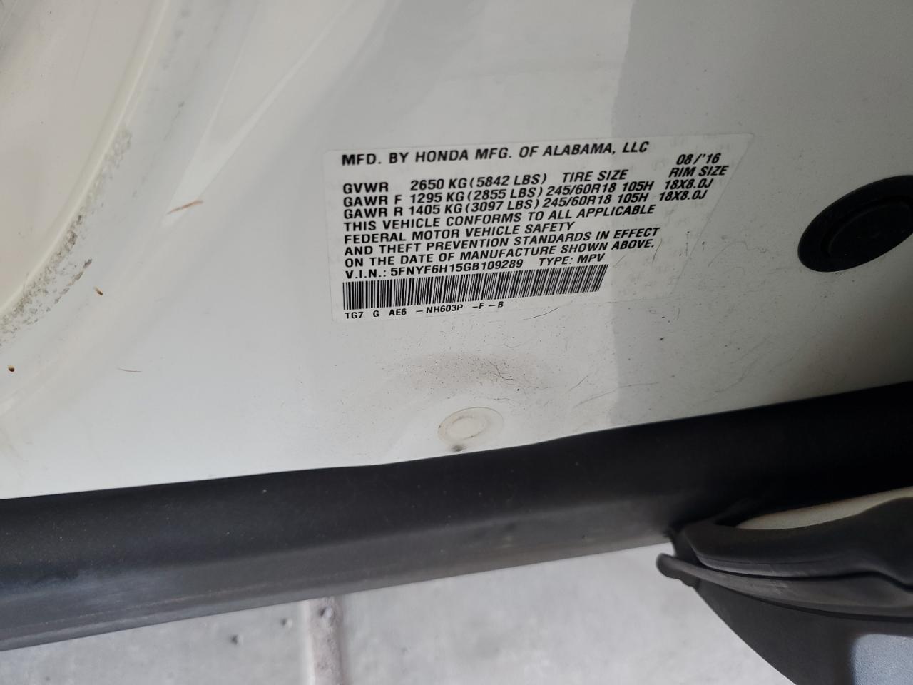 2016 Honda Pilot Lx VIN: 5FNYF6H15GB109289 Lot: 64474784