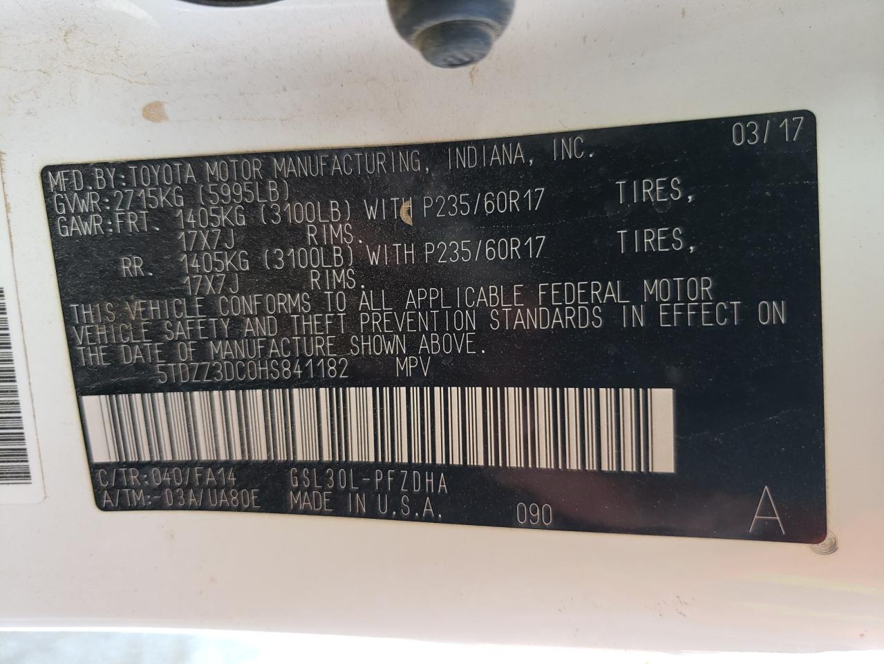5TDZZ3DC0HS841182 2017 Toyota Sienna