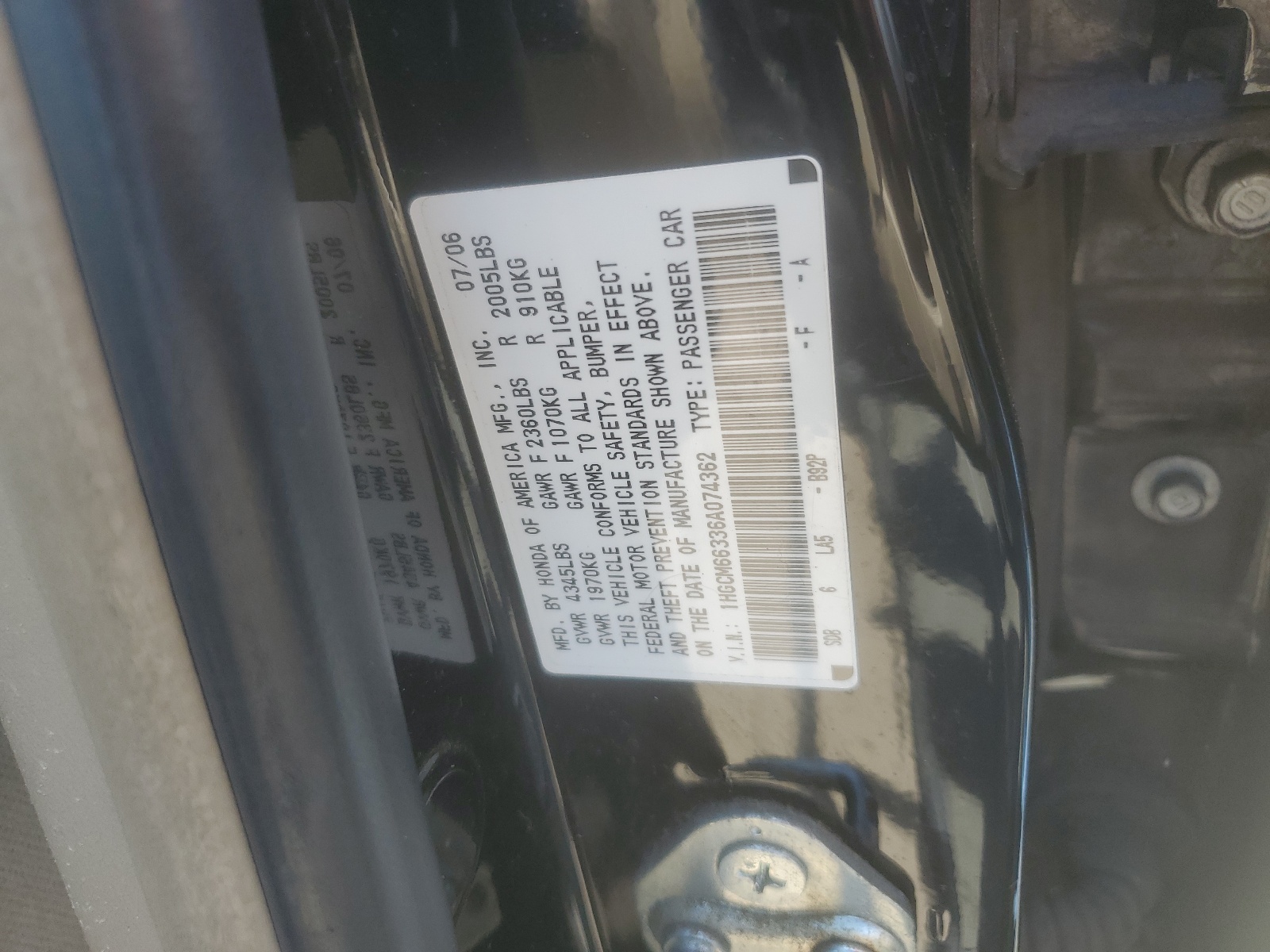 1HGCM66336A074362 2006 Honda Accord Lx