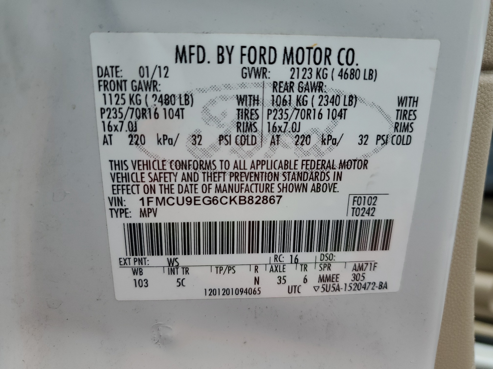 1FMCU9EG6CKB82867 2012 Ford Escape Limited