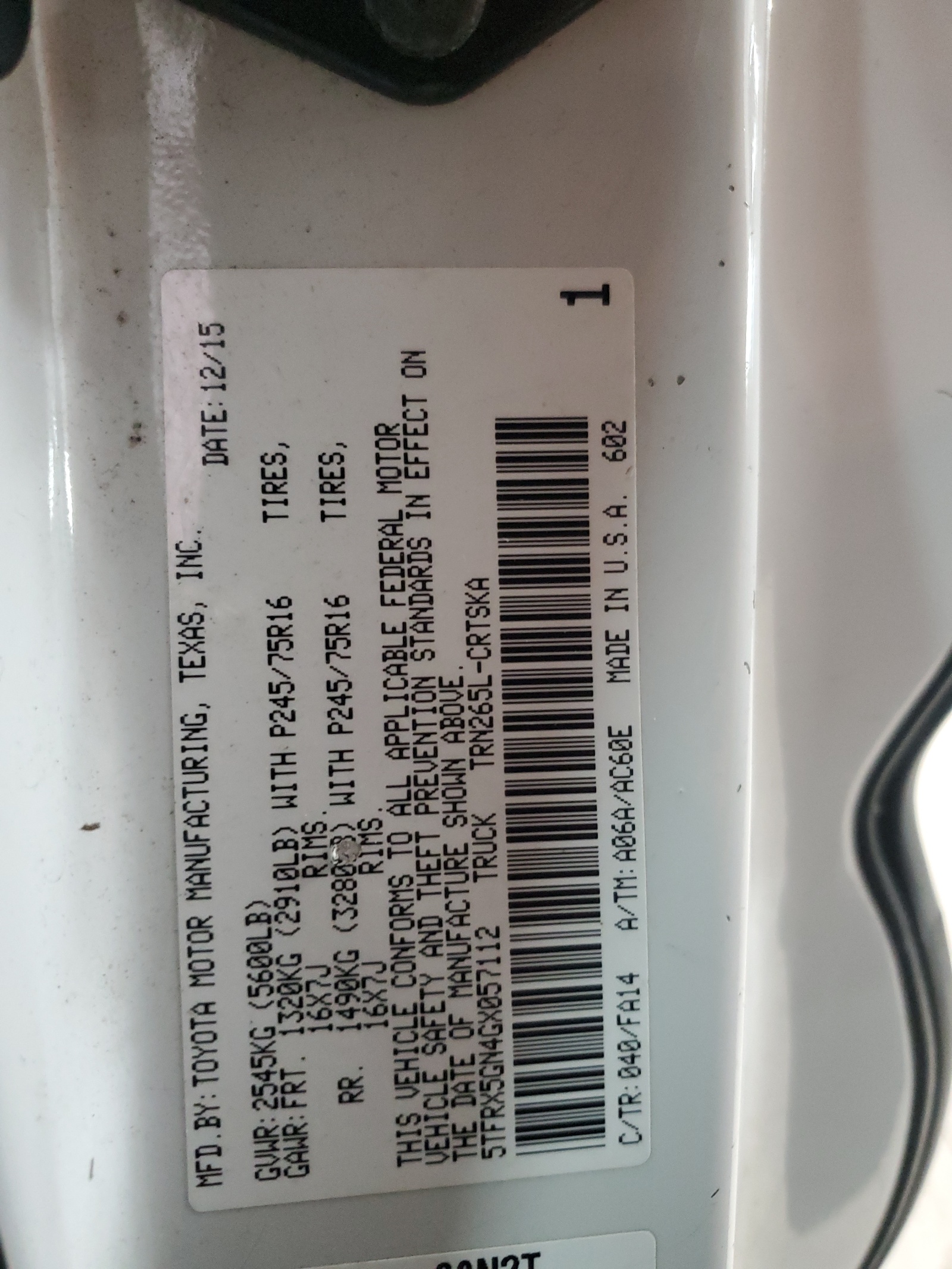 5TFRX5GN4GX057112 2016 Toyota Tacoma Access Cab