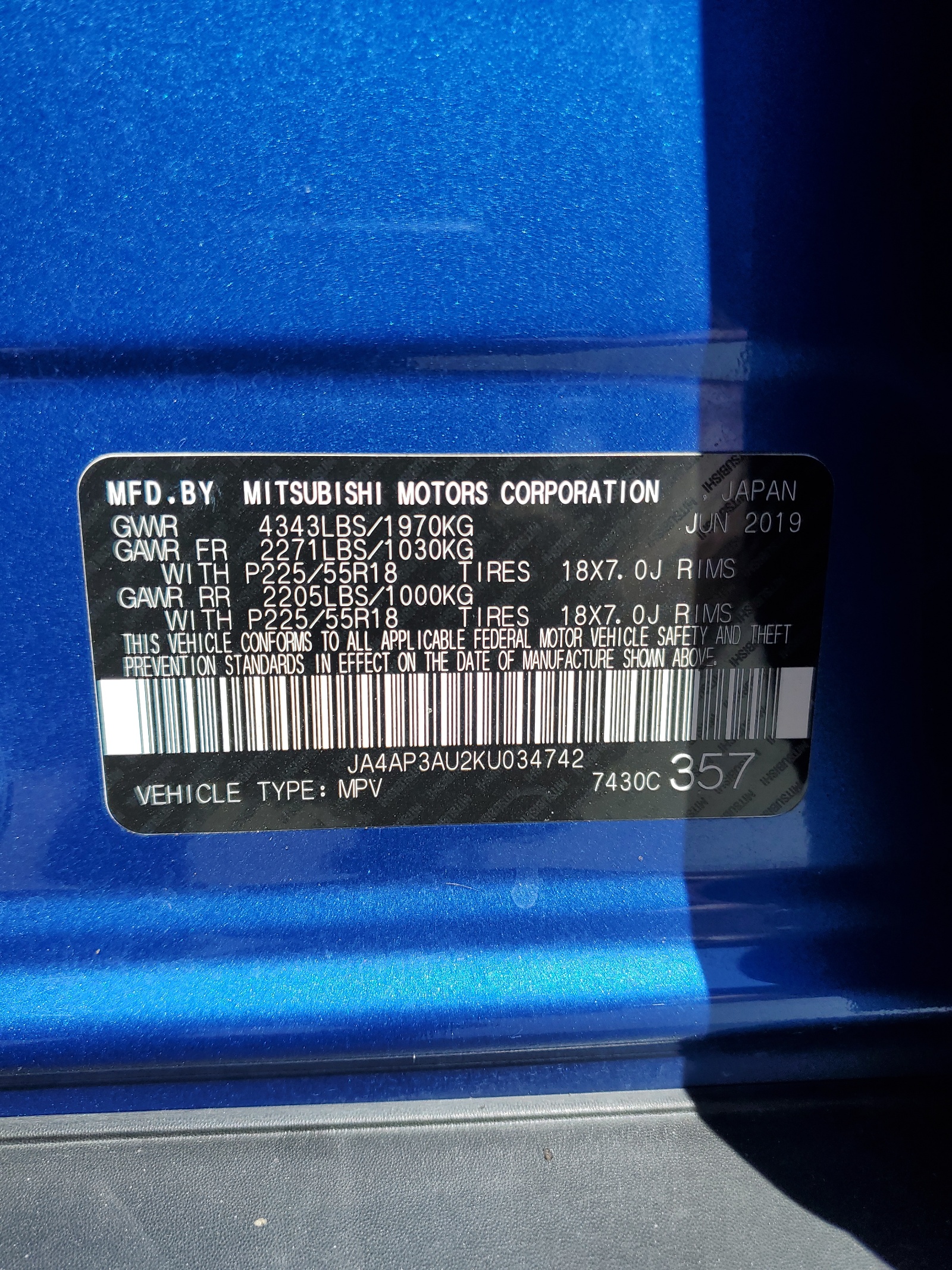 JA4AP3AU2KU034742 2019 Mitsubishi Outlander Sport Es