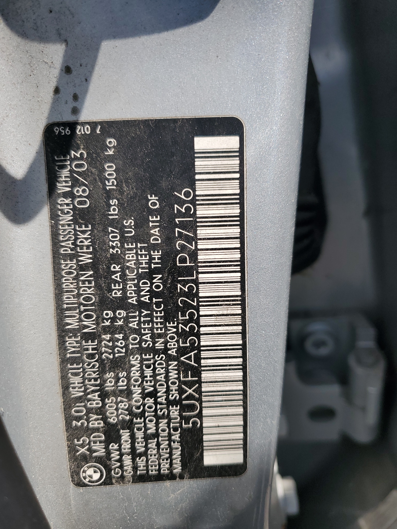 5UXFA53523LP27136 2003 BMW X5 3.0I