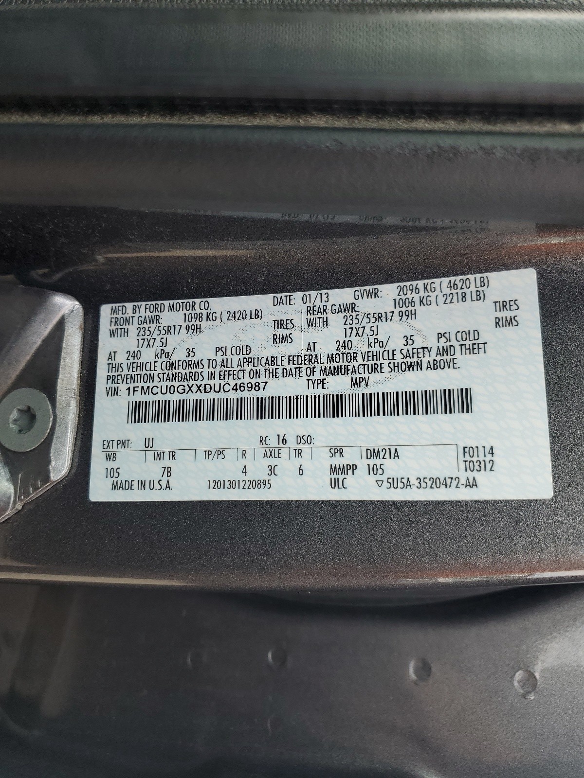 1FMCU0GXXDUC46987 2013 Ford Escape Se