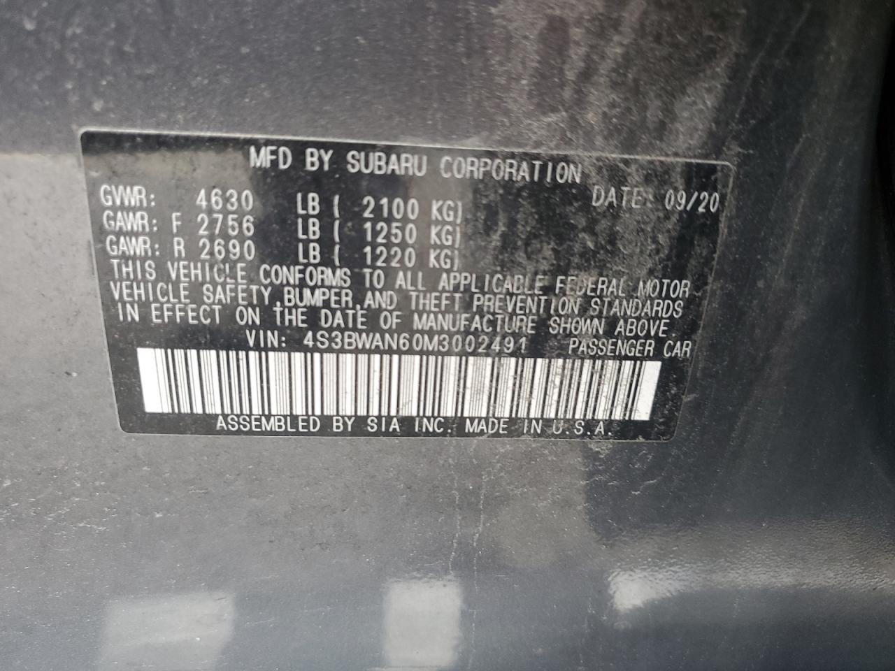 2021 Subaru Legacy Limited VIN: 4S3BWAN60M3002491 Lot: 62435014
