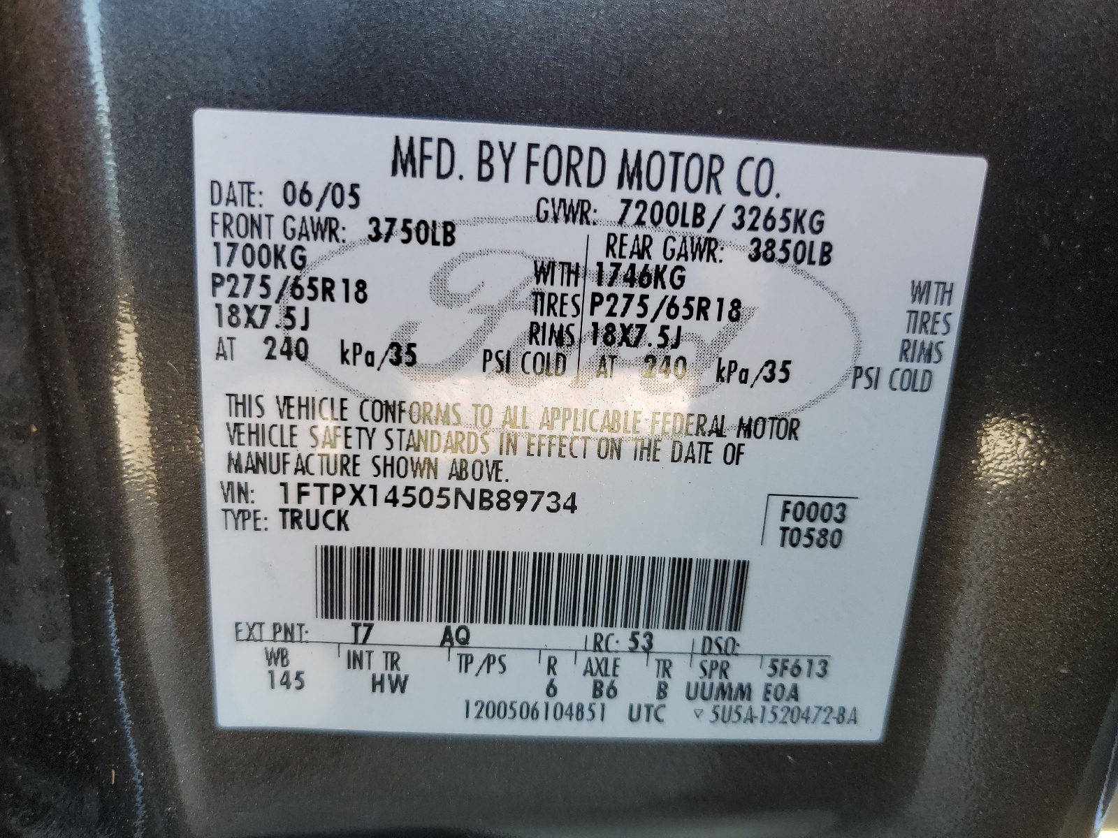 1FTPX14505NB89734 2005 Ford F150