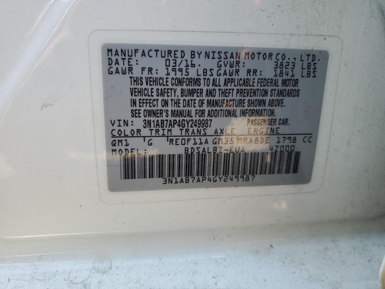 3N1AB7AP4GY249987 2016 Nissan Sentra S