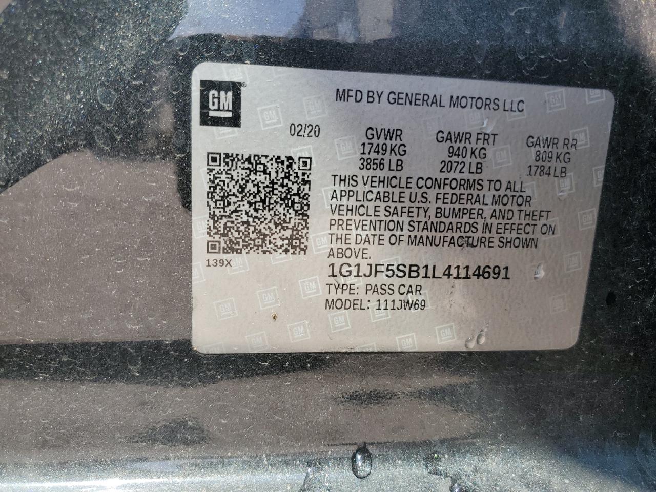 2020 Chevrolet Sonic Premier VIN: 1G1JF5SB1L4114691 Lot: 64183894