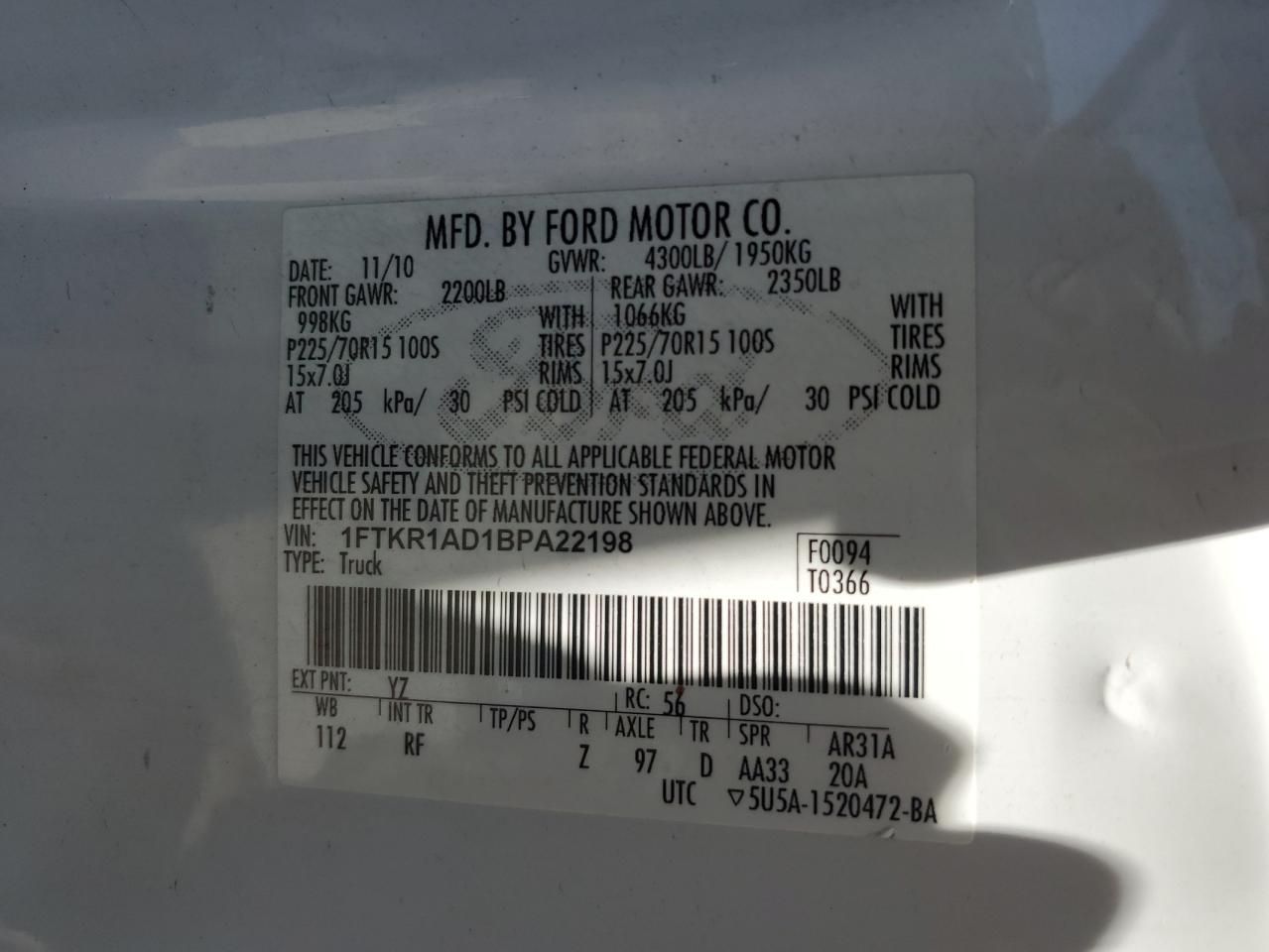 2011 Ford Ranger VIN: 1FTKR1AD1BPA22198 Lot: 62090864