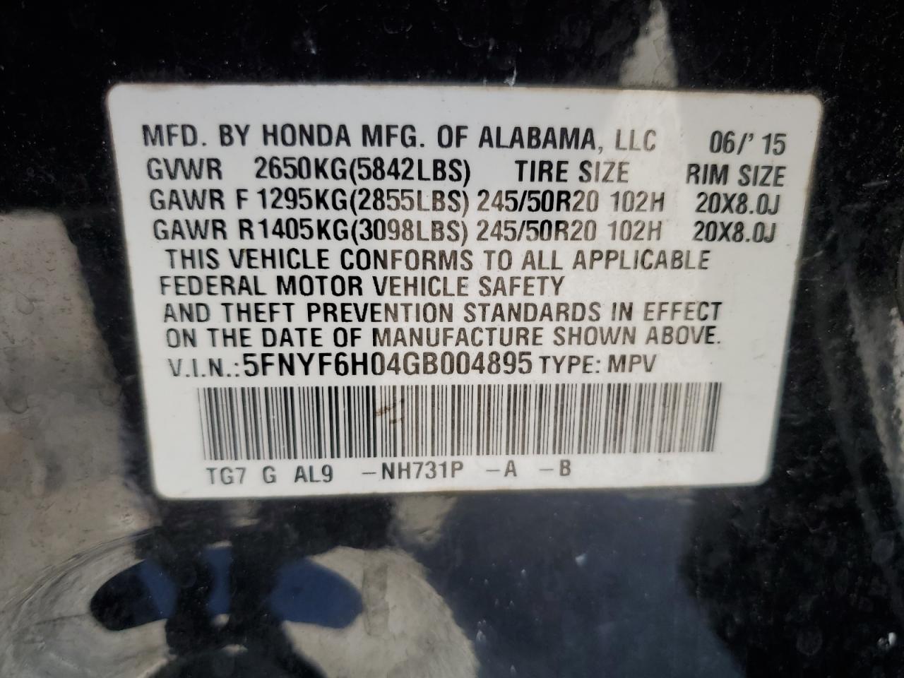 2016 Honda Pilot Elite VIN: 5FNYF6H04GB004895 Lot: 64378294