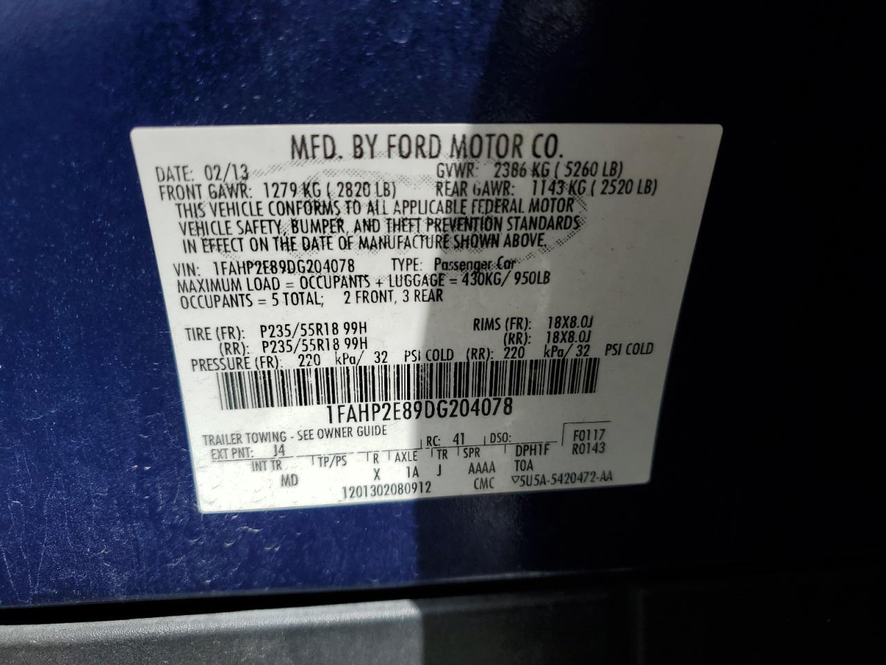 2013 Ford Taurus Sel VIN: 1FAHP2E89DG204078 Lot: 64567044