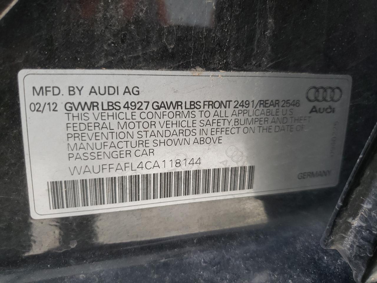 2012 Audi A4 Premium Plus VIN: WAUFFAFL4CA118144 Lot: 62673654