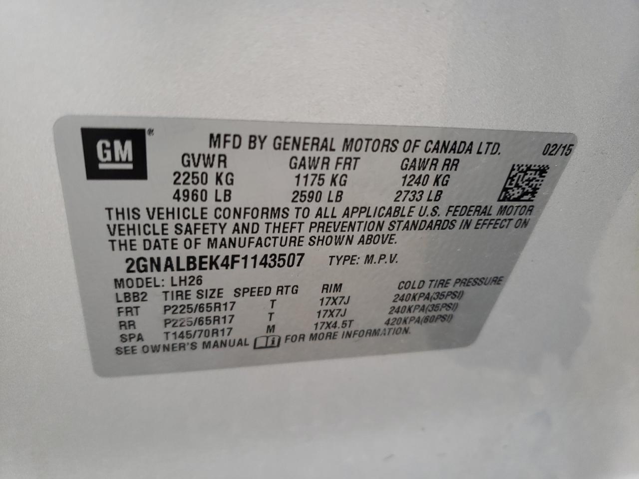 2015 Chevrolet Equinox Lt VIN: 2GNALBEK4F1143507 Lot: 61336174