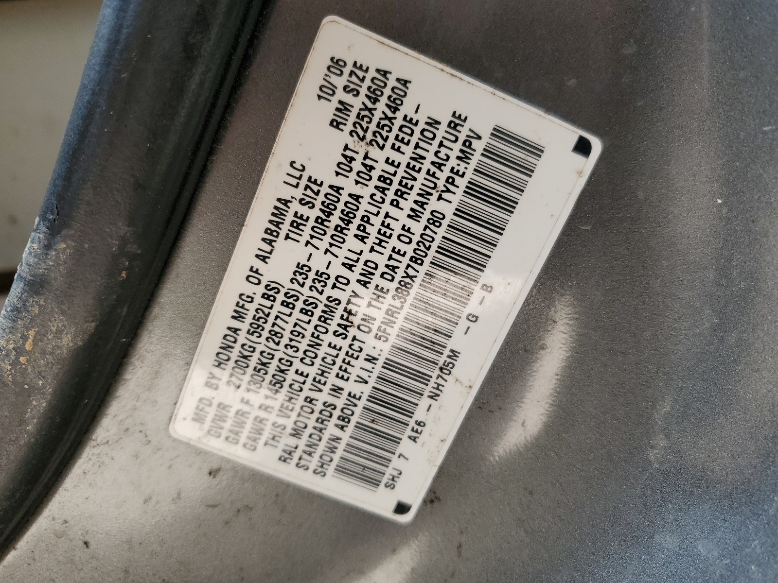 5FNRL388X7B020780 2007 Honda Odyssey Touring