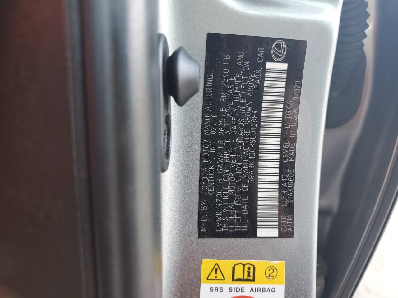 2016 Lexus Es 350 VIN: 58ABK1GG8GU012884 Lot: 62750344