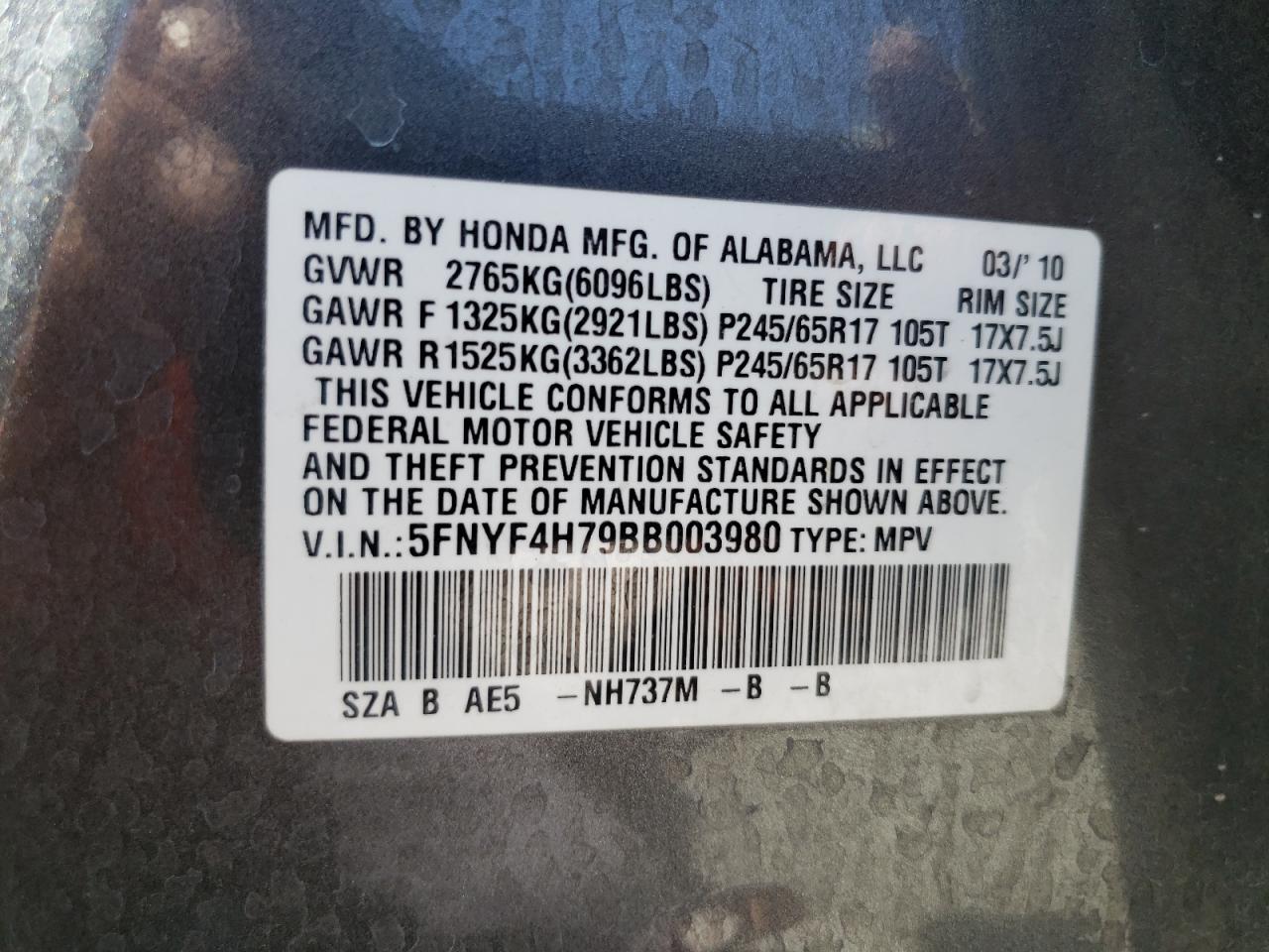 2011 Honda Pilot Exln VIN: 5FNYF4H79BB003980 Lot: 61083404