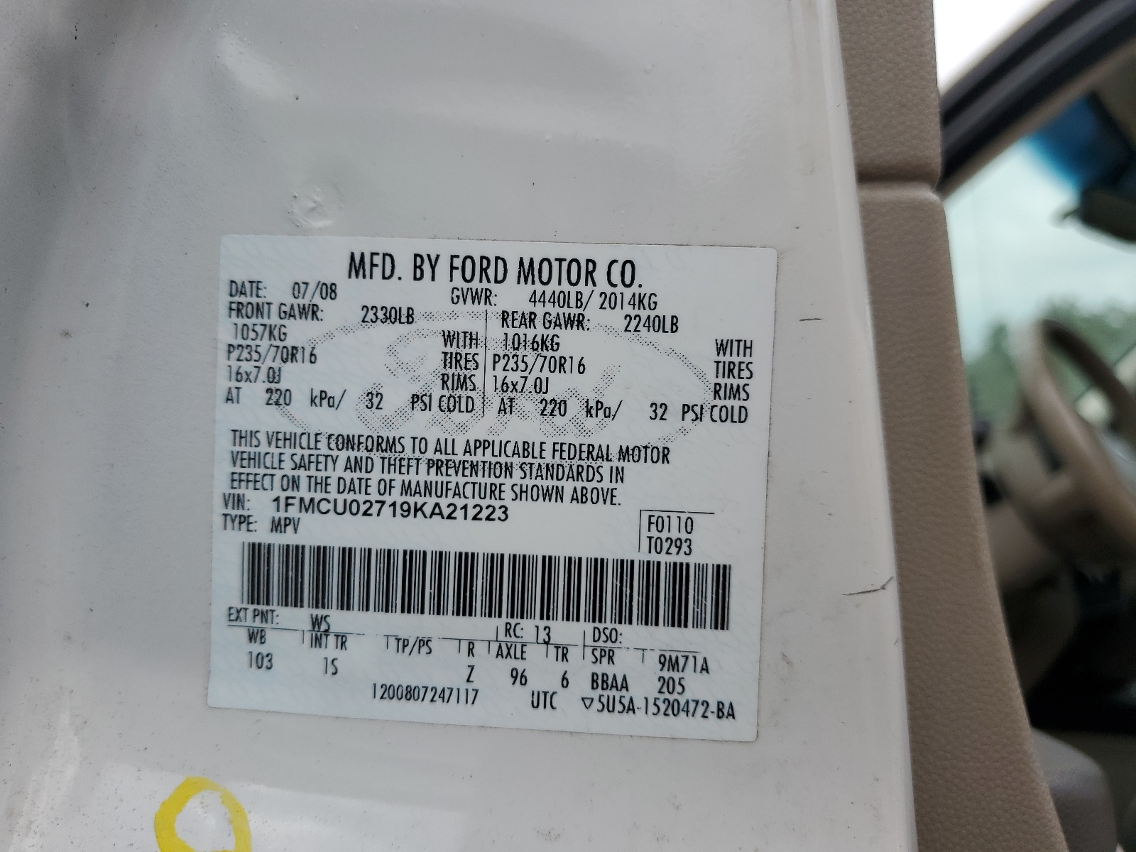 1FMCU02719KA21223 2009 Ford Escape Xls