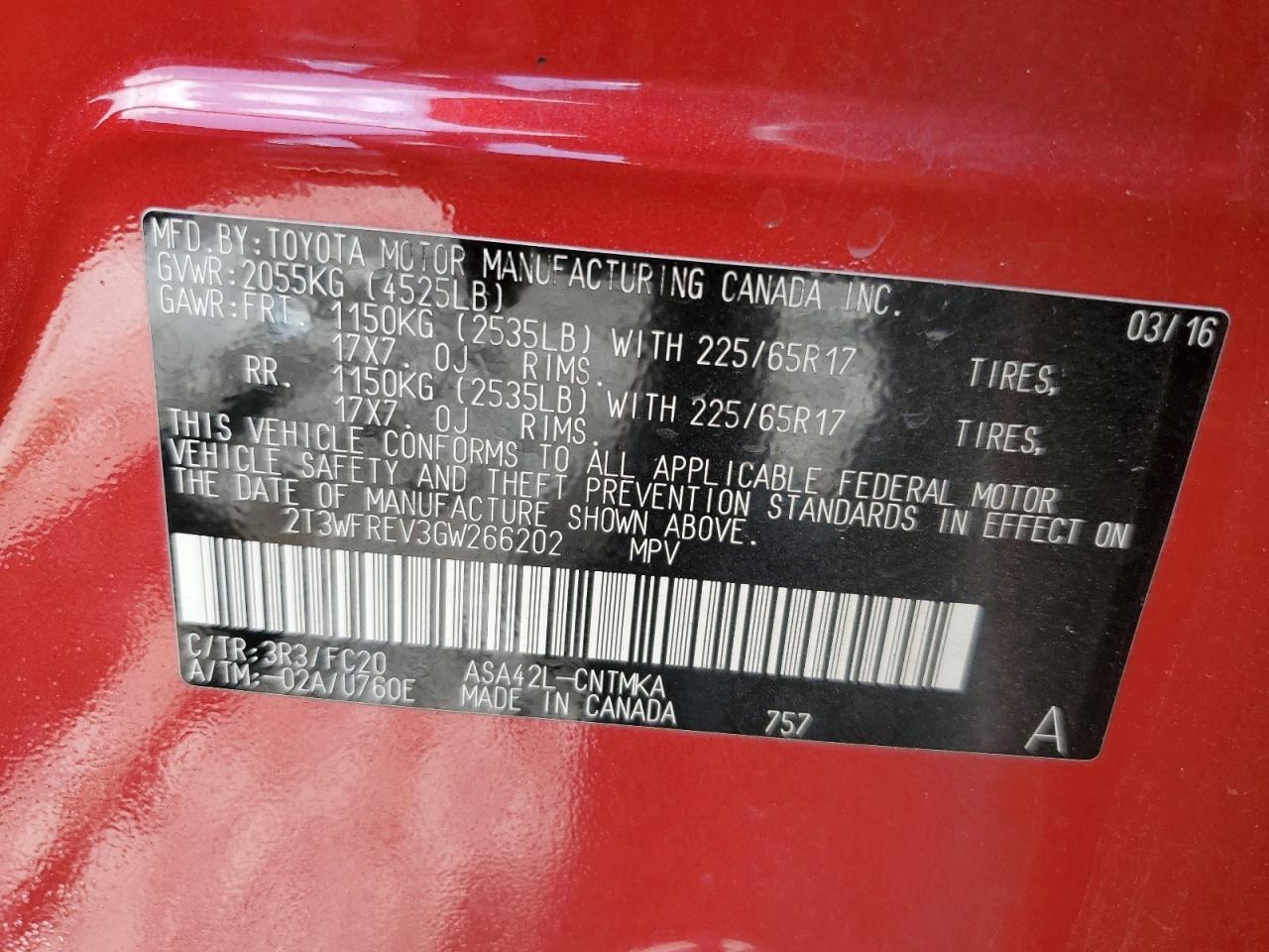 2016 Toyota Rav4 Xle VIN: 2T3WFREV3GW266202 Lot: 64496494