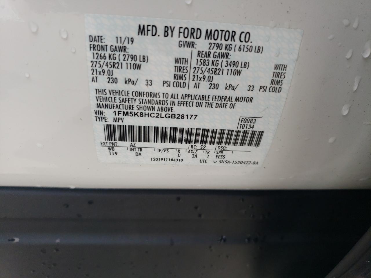 2020 Ford Explorer Platinum VIN: 1FM5K8HC2LGB28177 Lot: 64192874