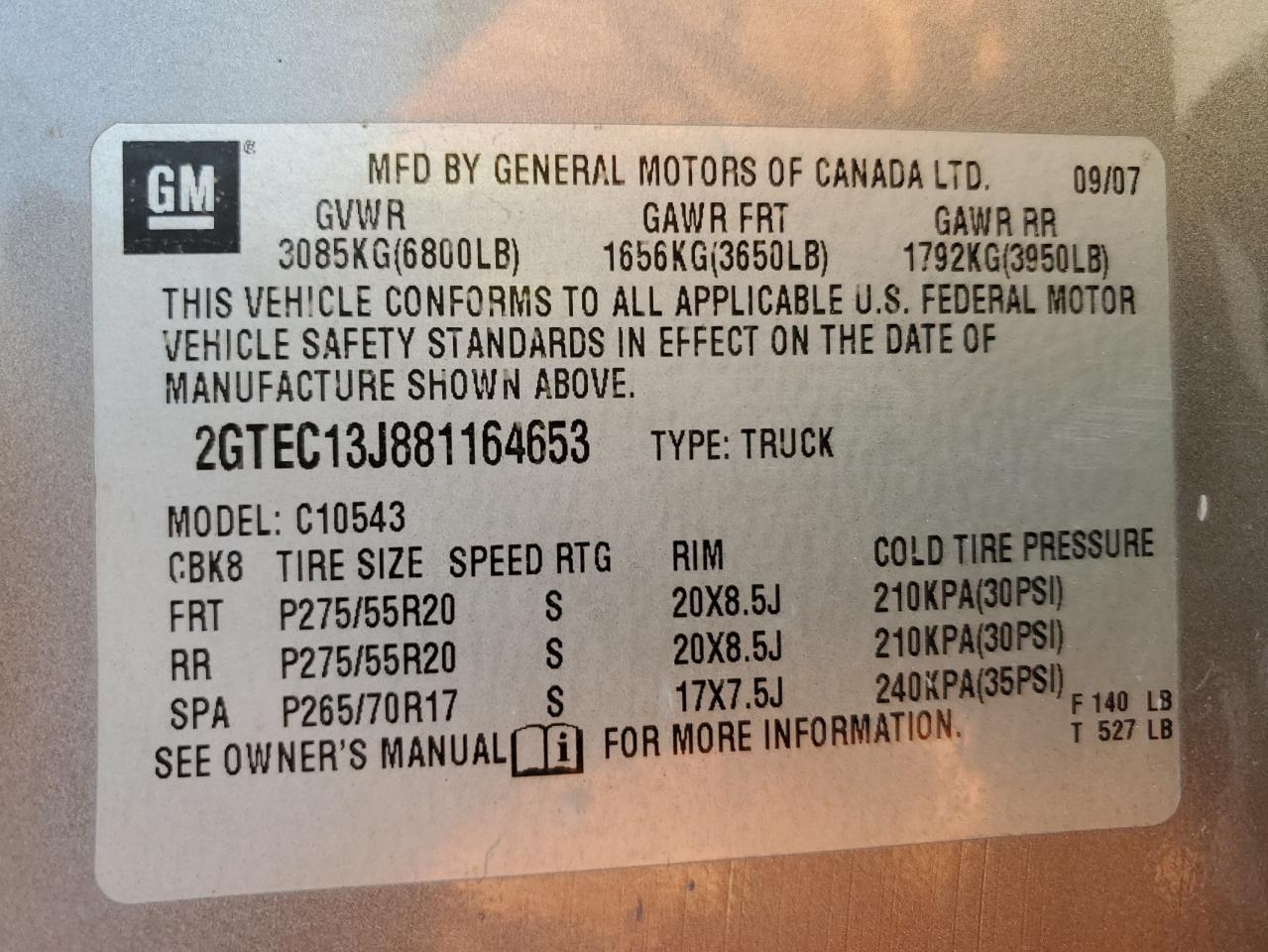 2008 GMC Sierra C1500 VIN: 2GTEC13J881164653 Lot: 56757975