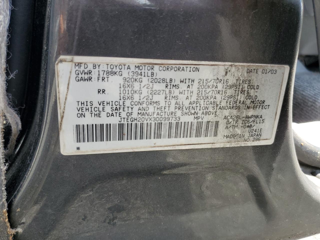 2003 Toyota Rav4 VIN: JTEGH20VX30099733 Lot: 64374294