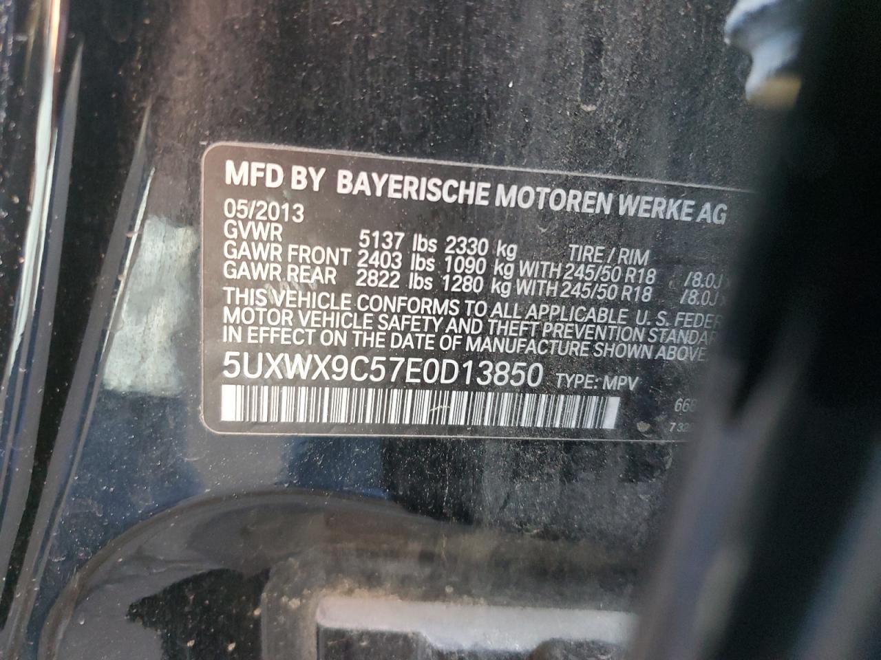 2014 BMW X3 xDrive28I VIN: 5UXWX9C57E0D13850 Lot: 65252494