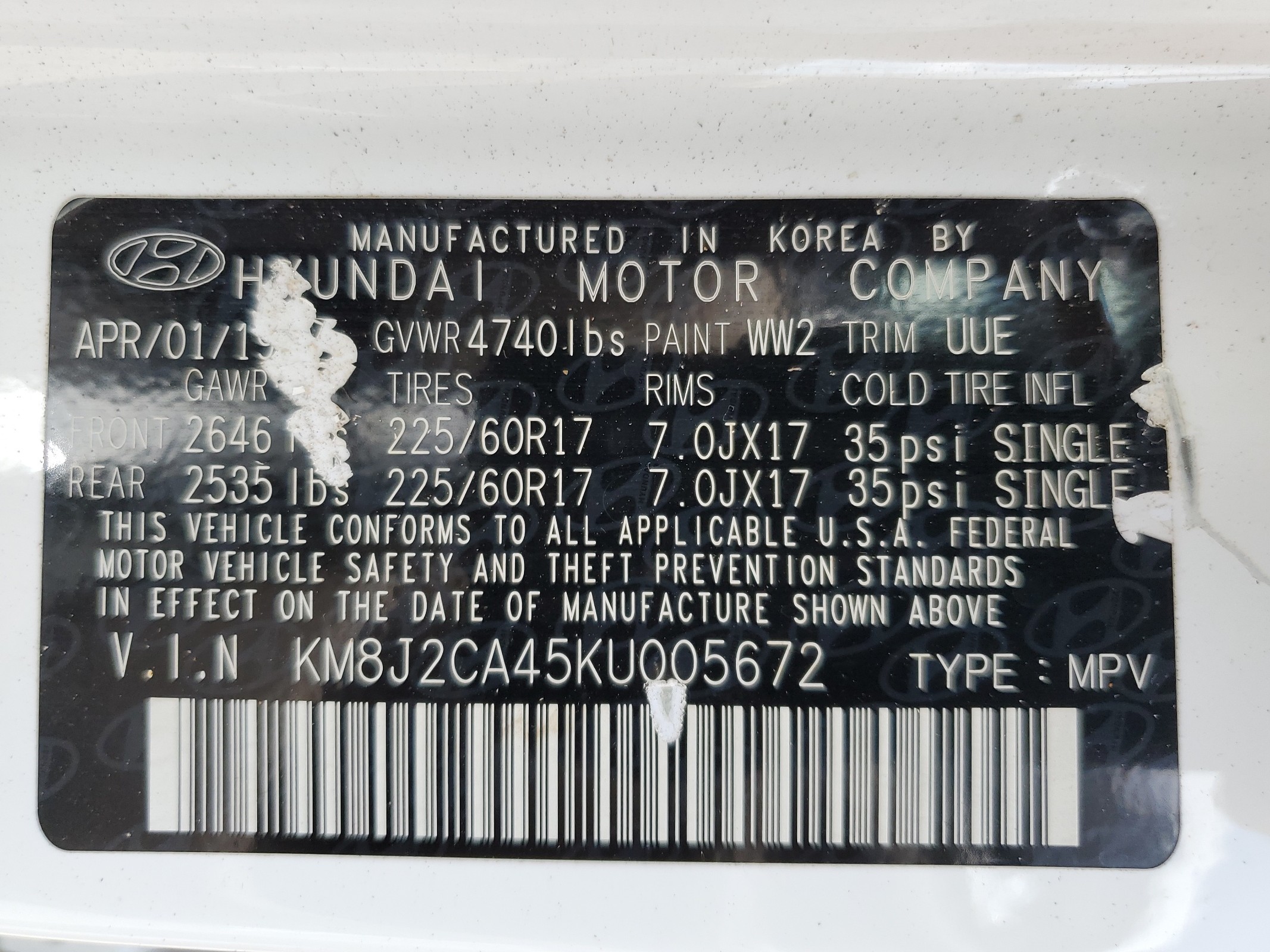 KM8J2CA45KU005672 2019 Hyundai Tucson Se