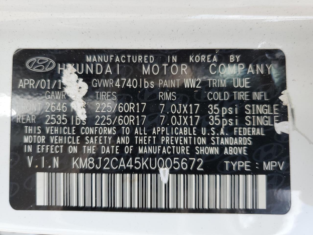 2019 Hyundai Tucson Se VIN: KM8J2CA45KU005672 Lot: 62537914